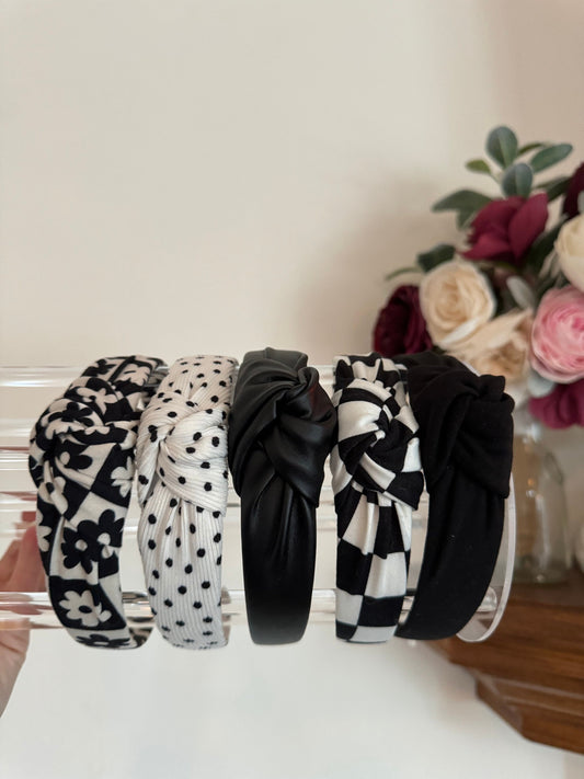 Women's Knotted Headband, Black & White Hard Headband, Brynnbands