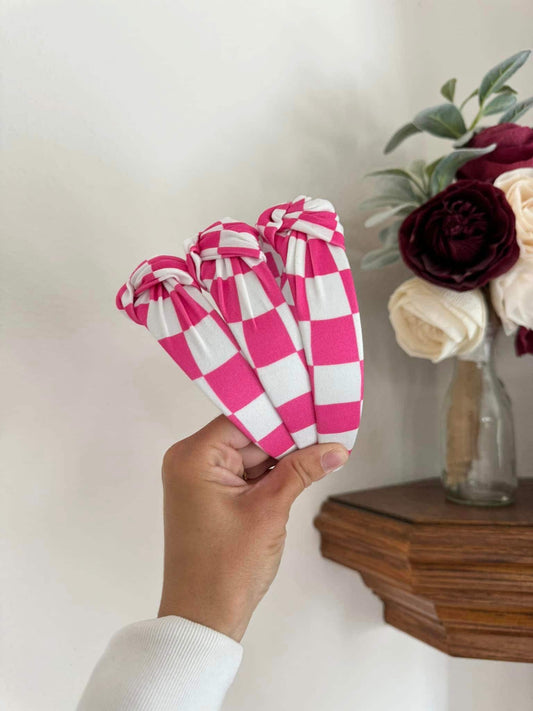 Hot Pink Checkered Top Knot, Top Knot Headband, Pink Headband, Brynnbands, Hard Headband, Knotted Headband,