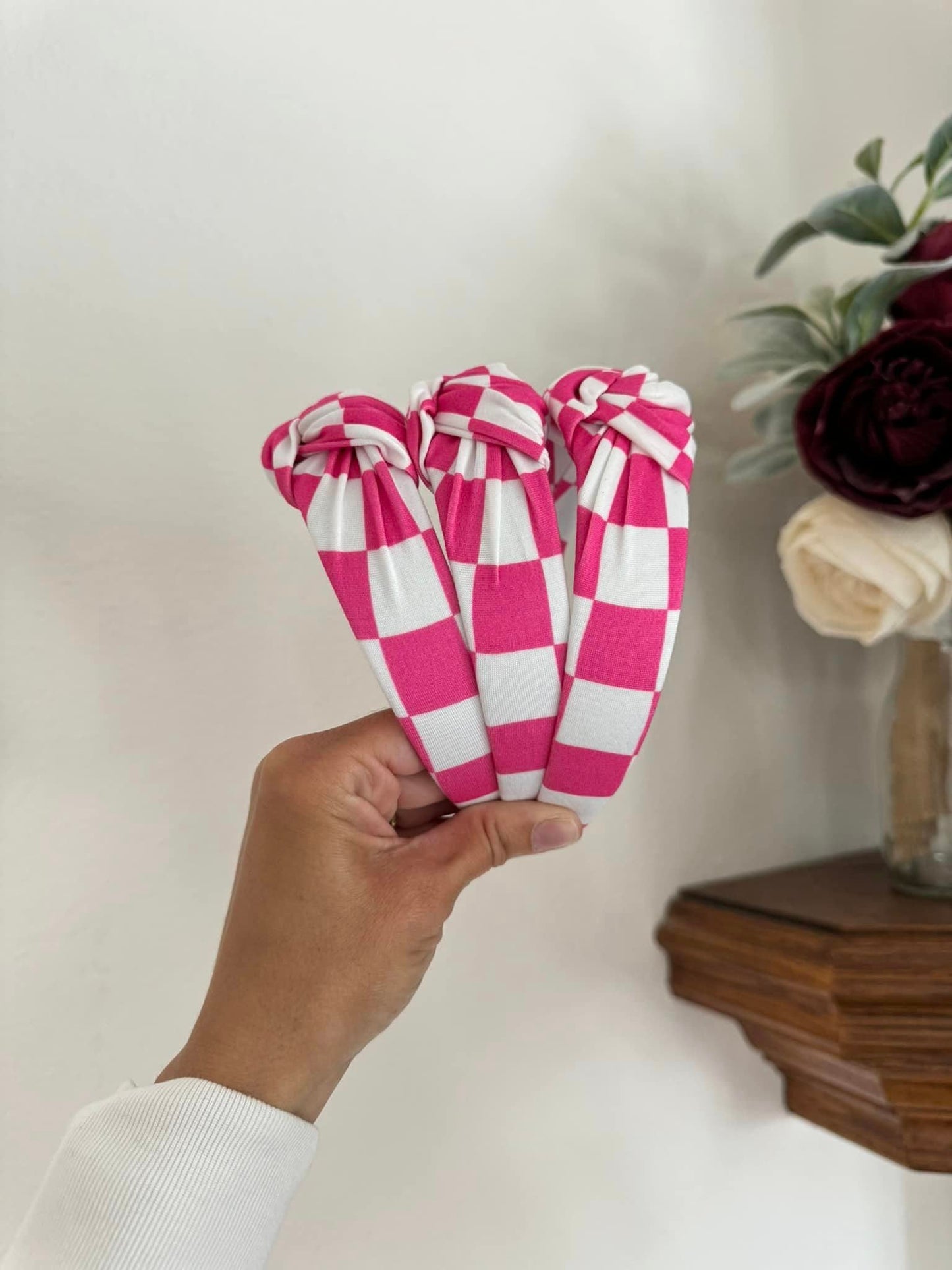 Hot Pink Checkered Top Knot, Top Knot Headband, Pink Headband, Brynnbands, Hard Headband, Knotted Headband,