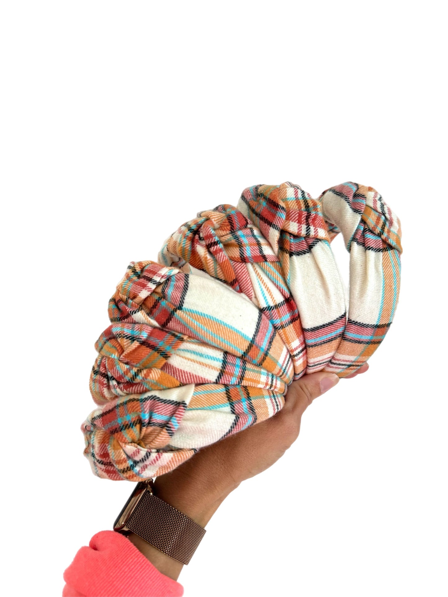 Orange Cream Plaid Top Knot Cotton Headband, Fall Hair
