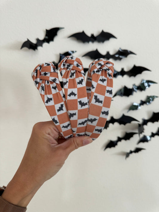Checkered Bats Headband, Halloween Headband, Brynnbands, Hard Headband, Fall Headband, Top Knot, Top Knot Headband,