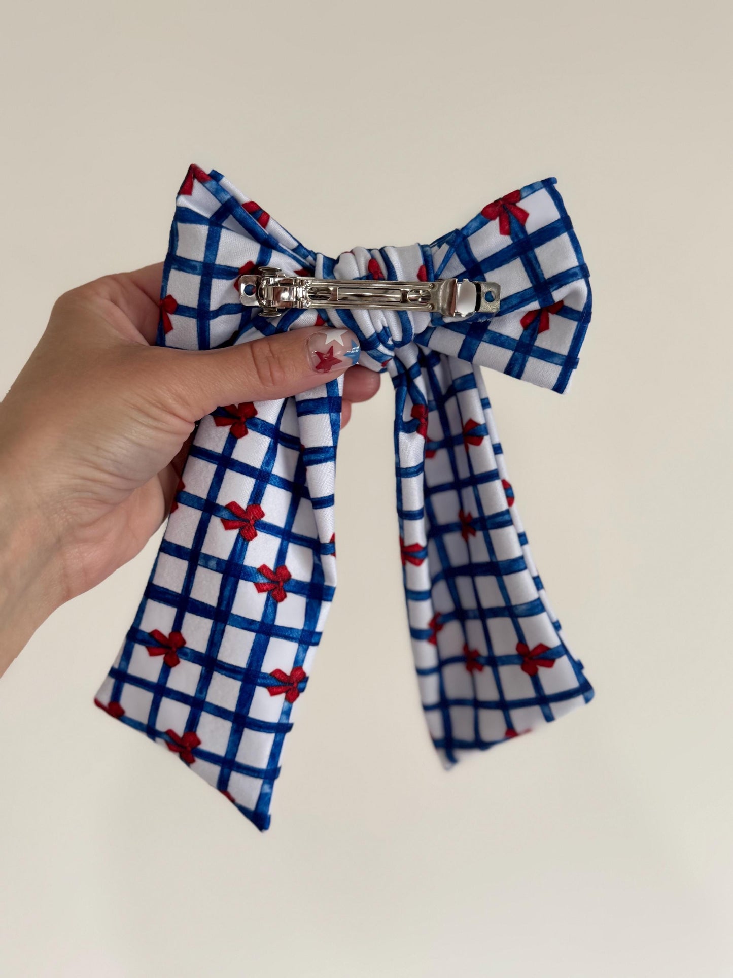 Blue Gingham Hair Bow with Red Bows - Barrette Hair Clip