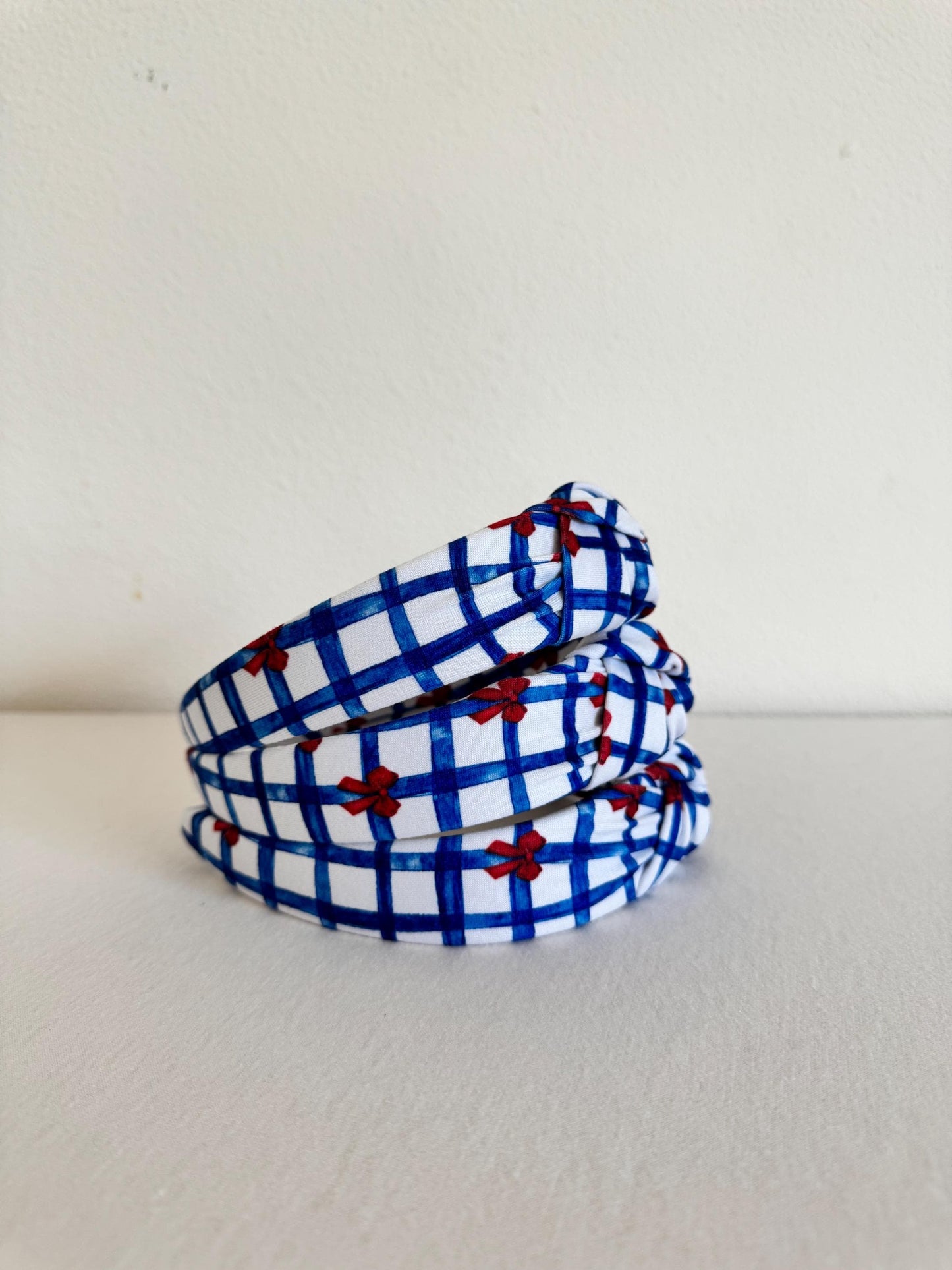 Blue Gingham Red Bows Headband, Hard Headband, Hair Headband, Headband, Brynnbands, Patriotic Headband, 4th of July Hair, 4th of July
