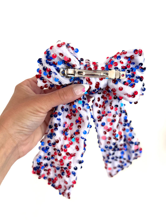 Red White Blue Sequin Bow Barrette - 4th of July Hair Clip