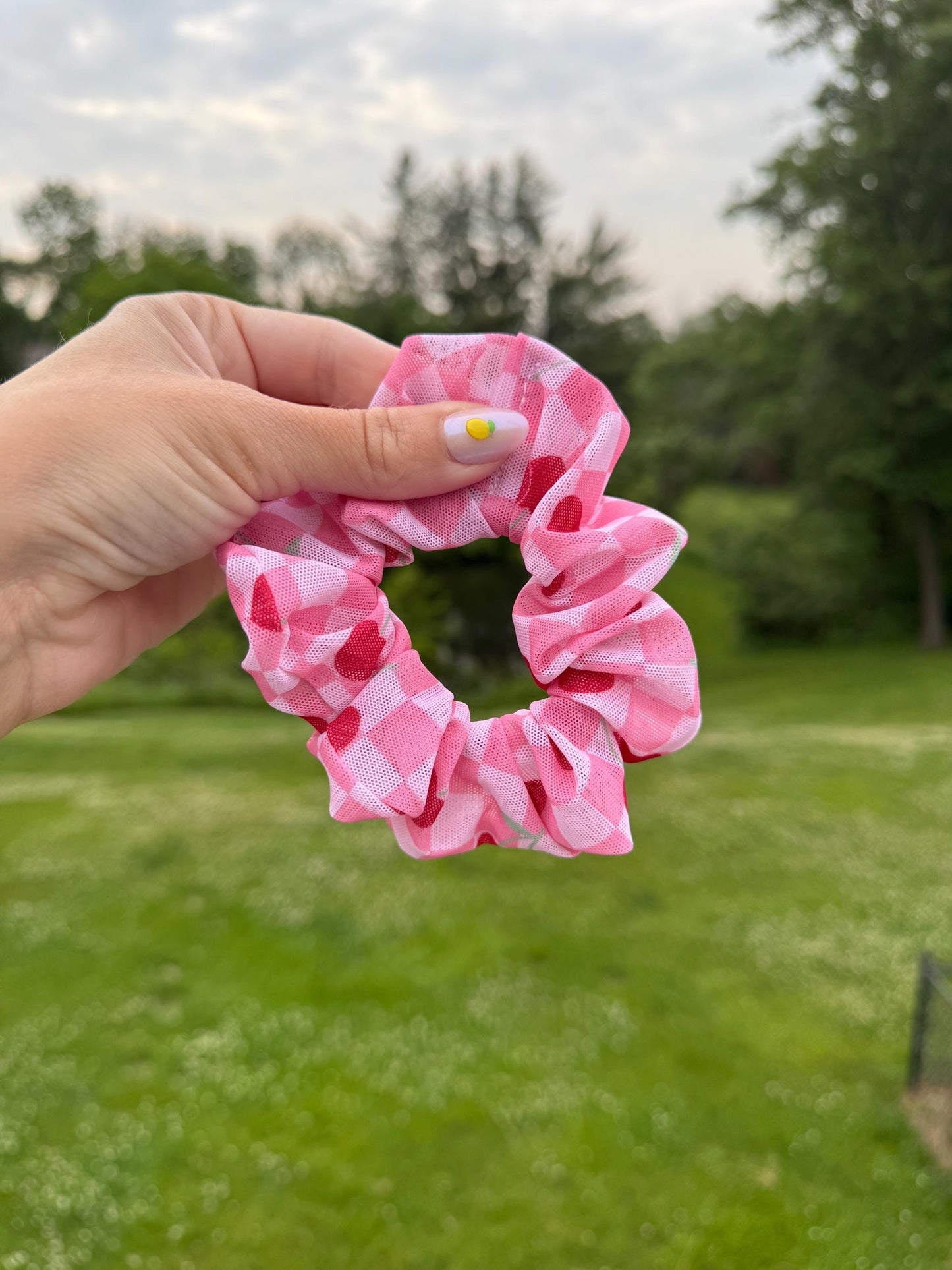 Pink Gingham Cherry Scrunchie - Hair Accessory