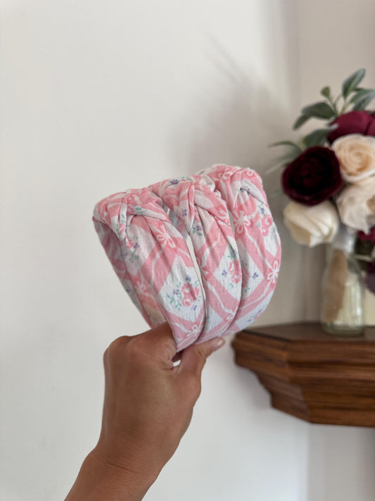 Vintage Pink Floral Top Knot Headband, Recycled Fabric