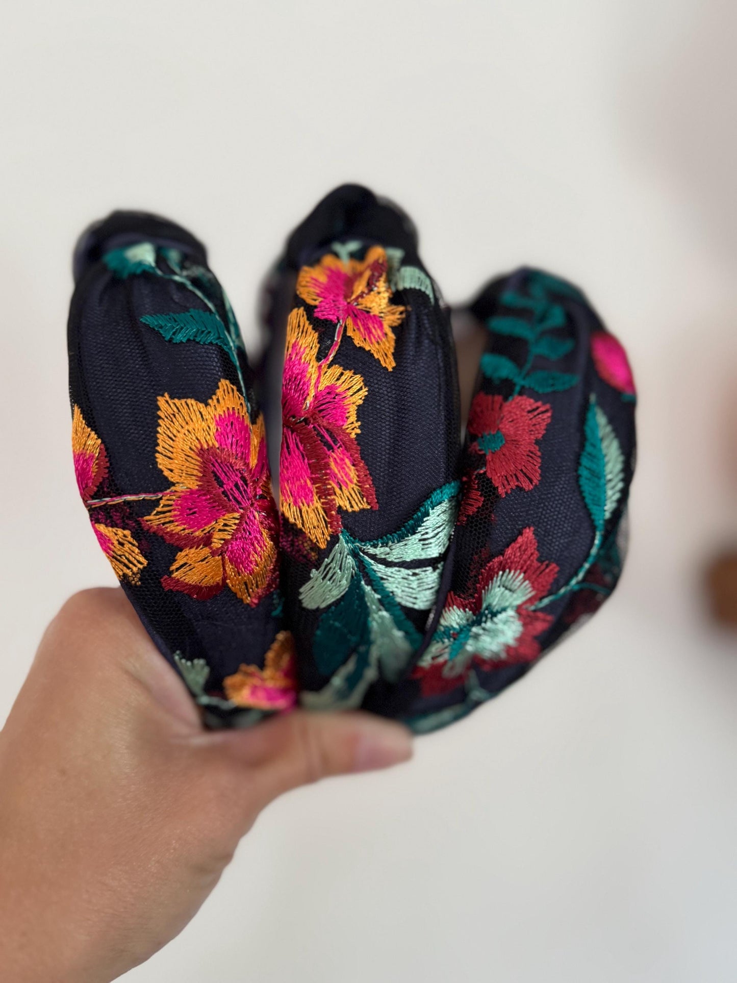 Navy Floral Embroidered Top Knot Headband, Satin Base