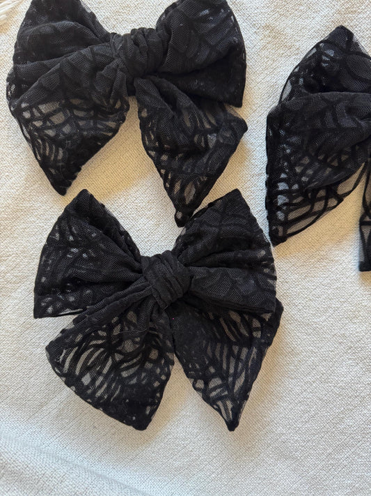 Floppy Black Spider Web Bow, Mesh Bow, Lace Bow, Bow Hair Clip, Long Tail Hair Bow, Barrette Hair Clip, Brynnbands, Fable Bow