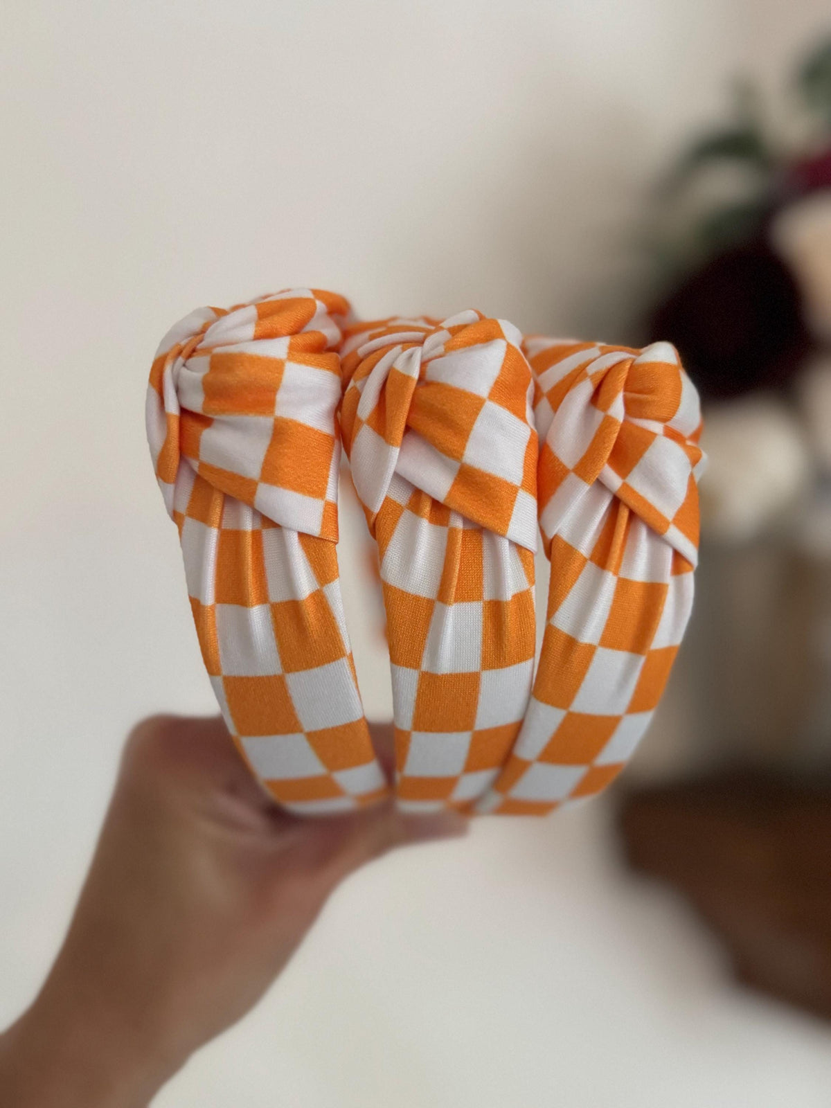 Orange Checkered Knotted Headband: Women's Hair Accessory