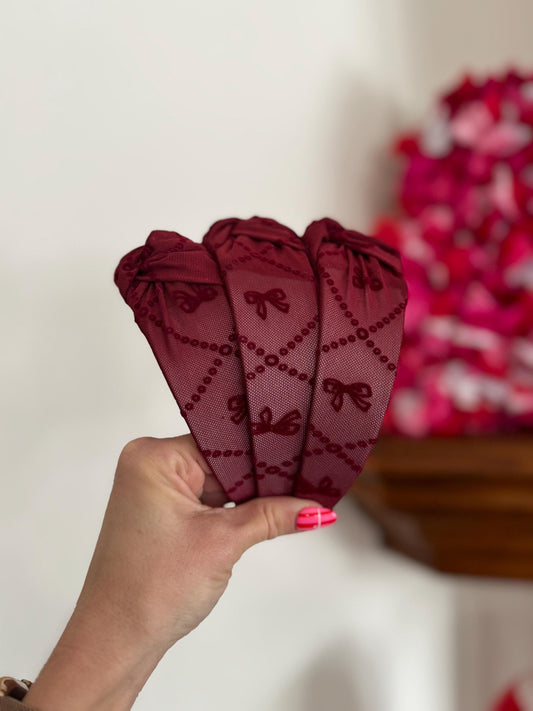 Dark Red Bows MESH Top Knot, Valentine Headband, Pink Headband, Brynnbands, Hard Headband, Knotted Headband, Valentine's Day