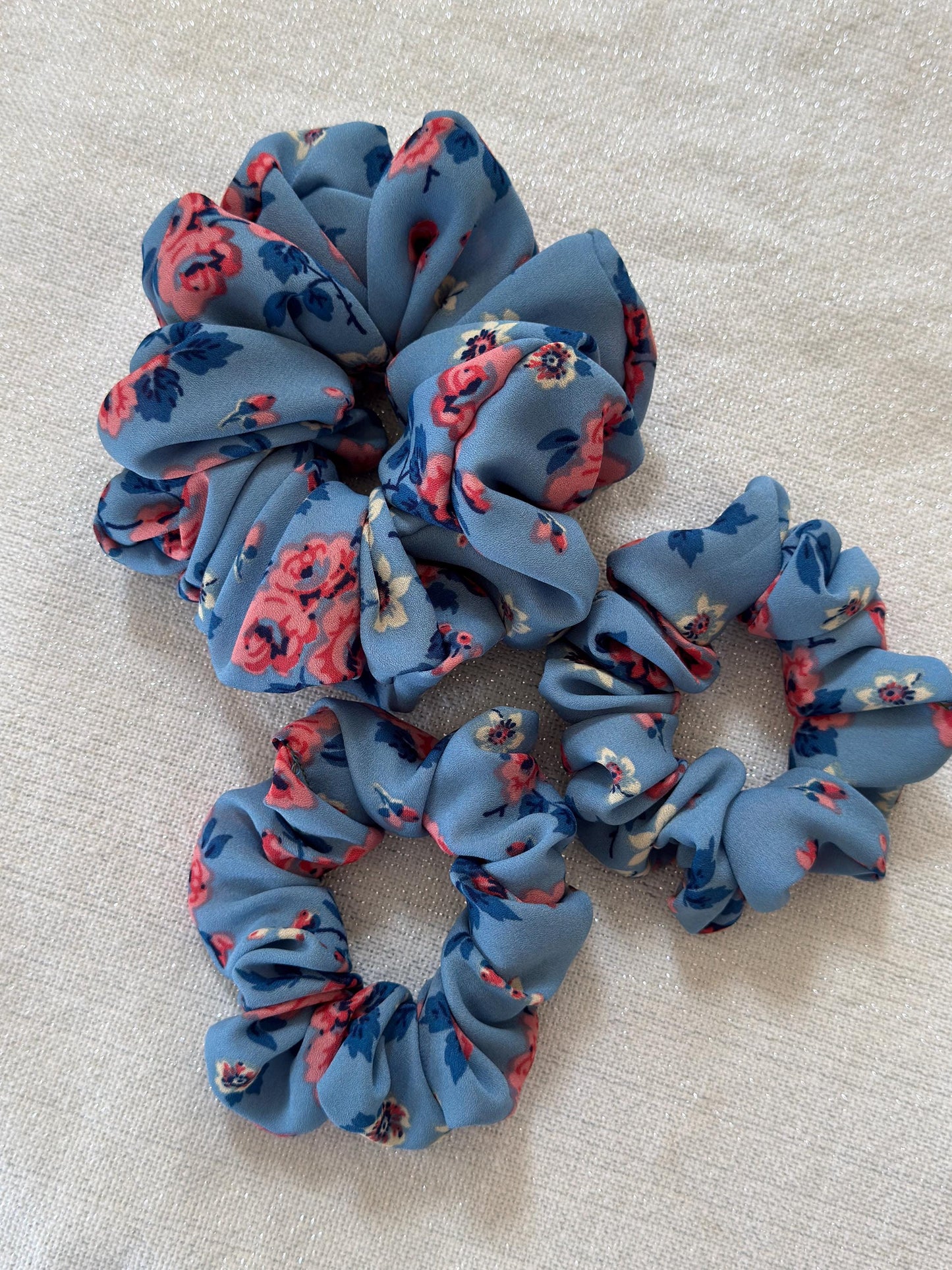 Blue Floral Chiffon Scrunchie, Lightweight Handmade Hair Accessory