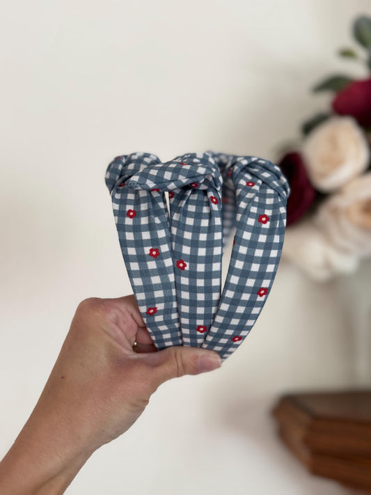 Checkered Floral Gingham Headband, Stars Stripes Fabric, 4th of July Accessory, Fourth of July
