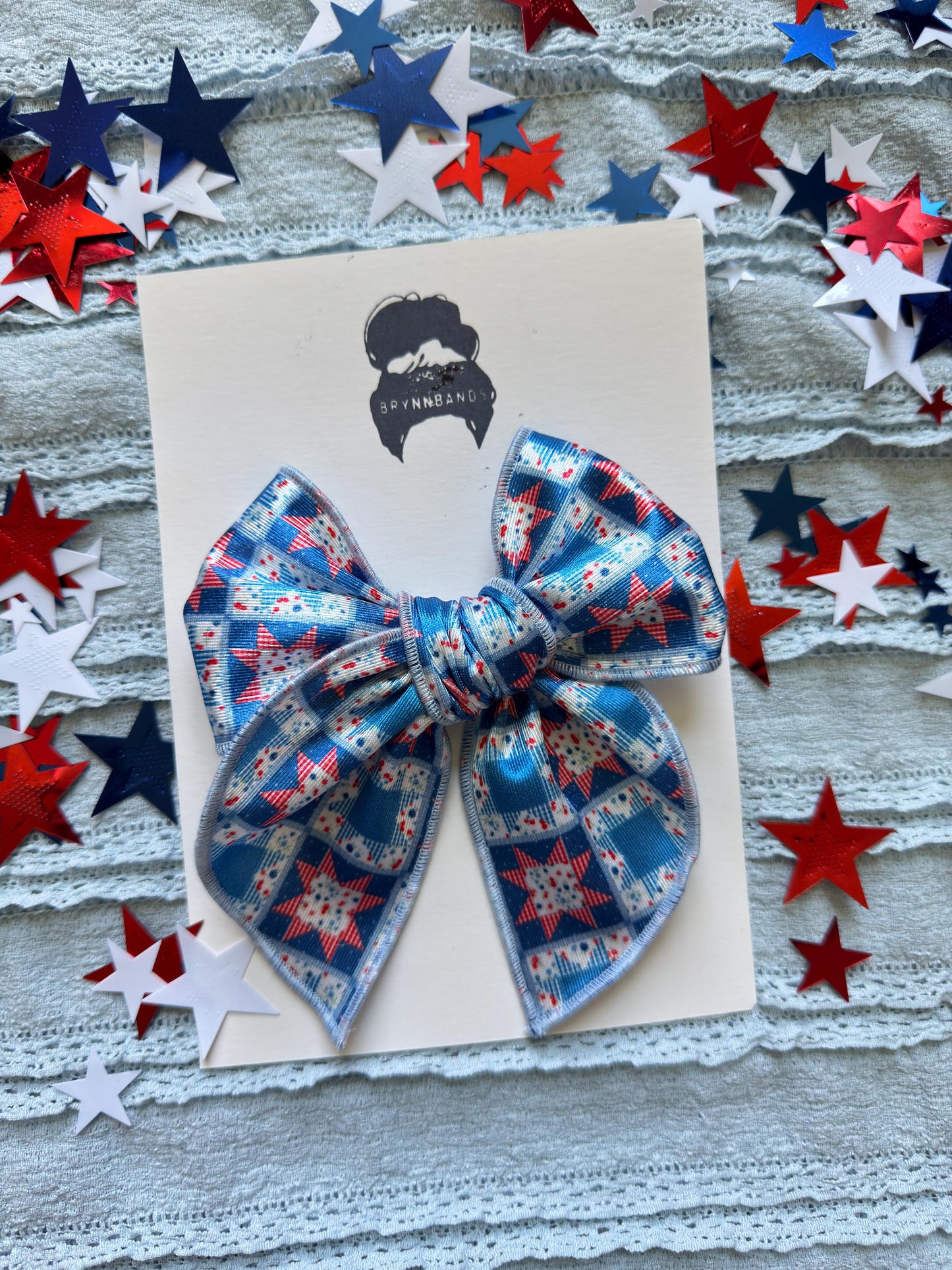 Barn Quilt Fable Bow, Patriotic Satin Bow, Brynnbands
