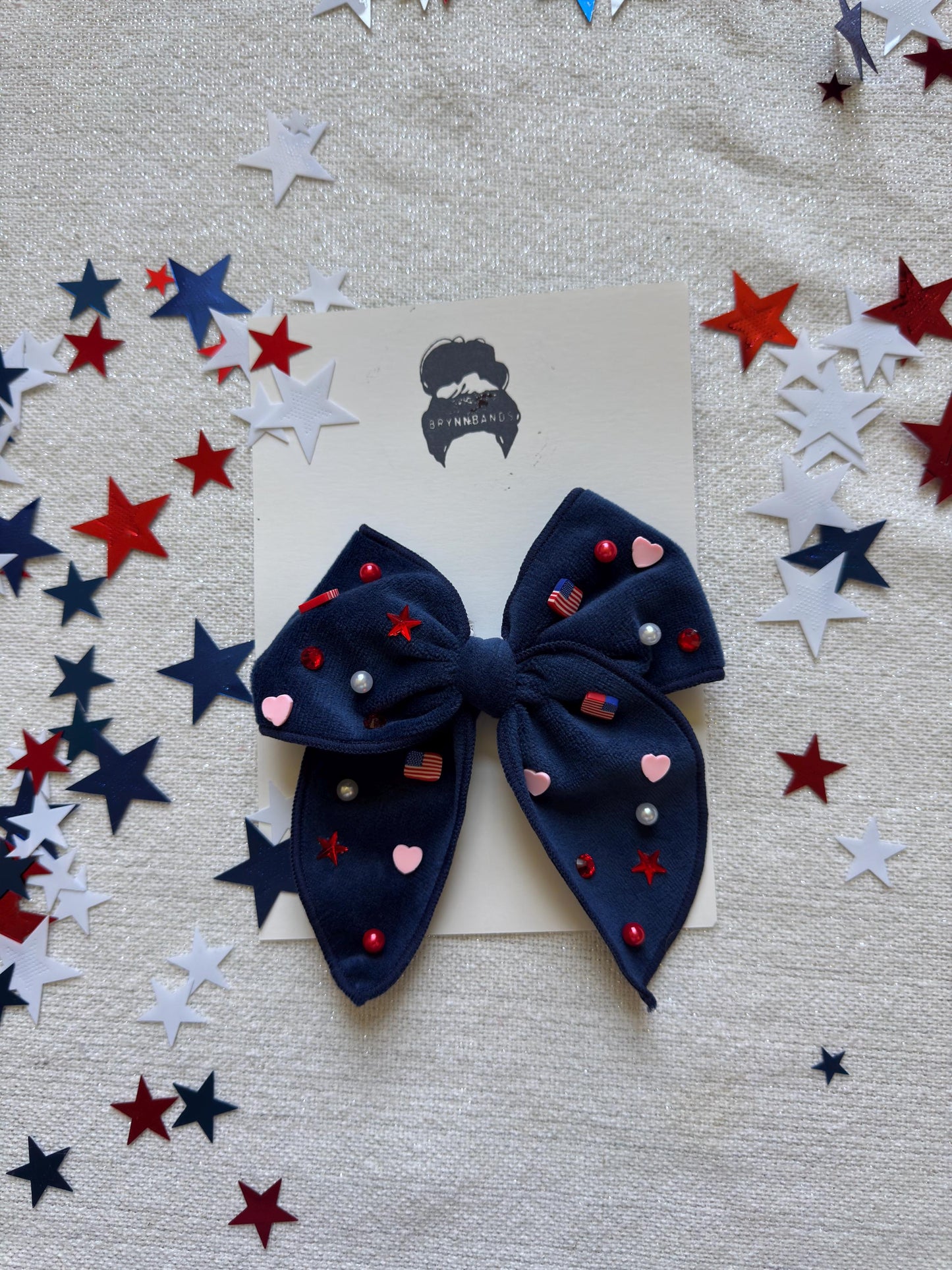 Navy Blue Bow, 4th of July Beaded Bow, Brynnbands