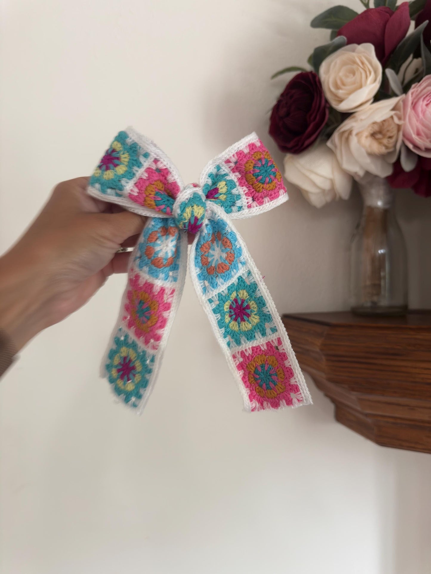 White Granny Square Bow