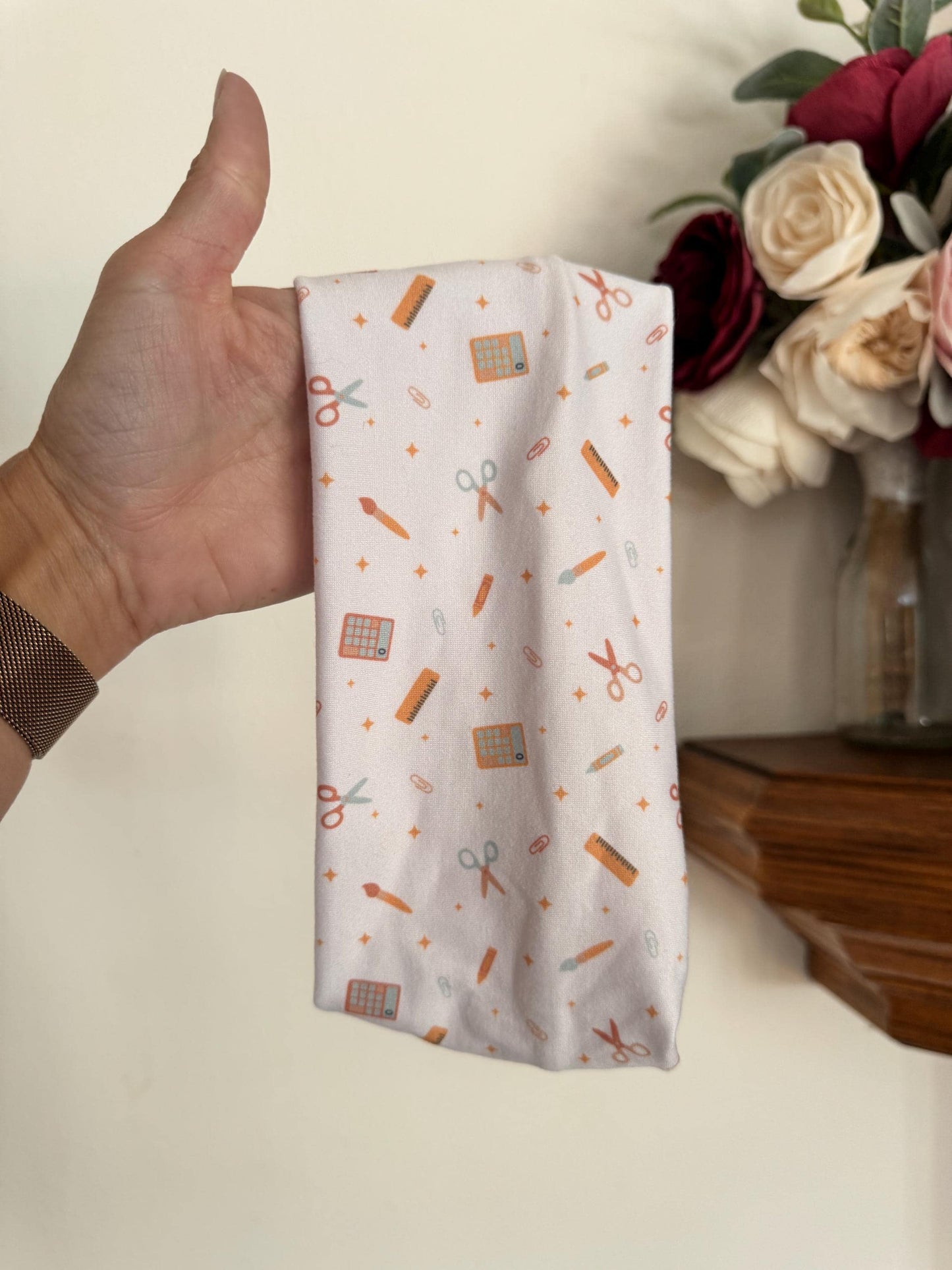 Neutral School Supplies Turban Headband: Soft Stretchy Fabric
