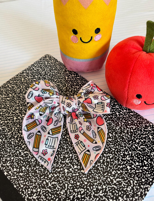 Pink School Supplies Fable Bow, Back to School Bow