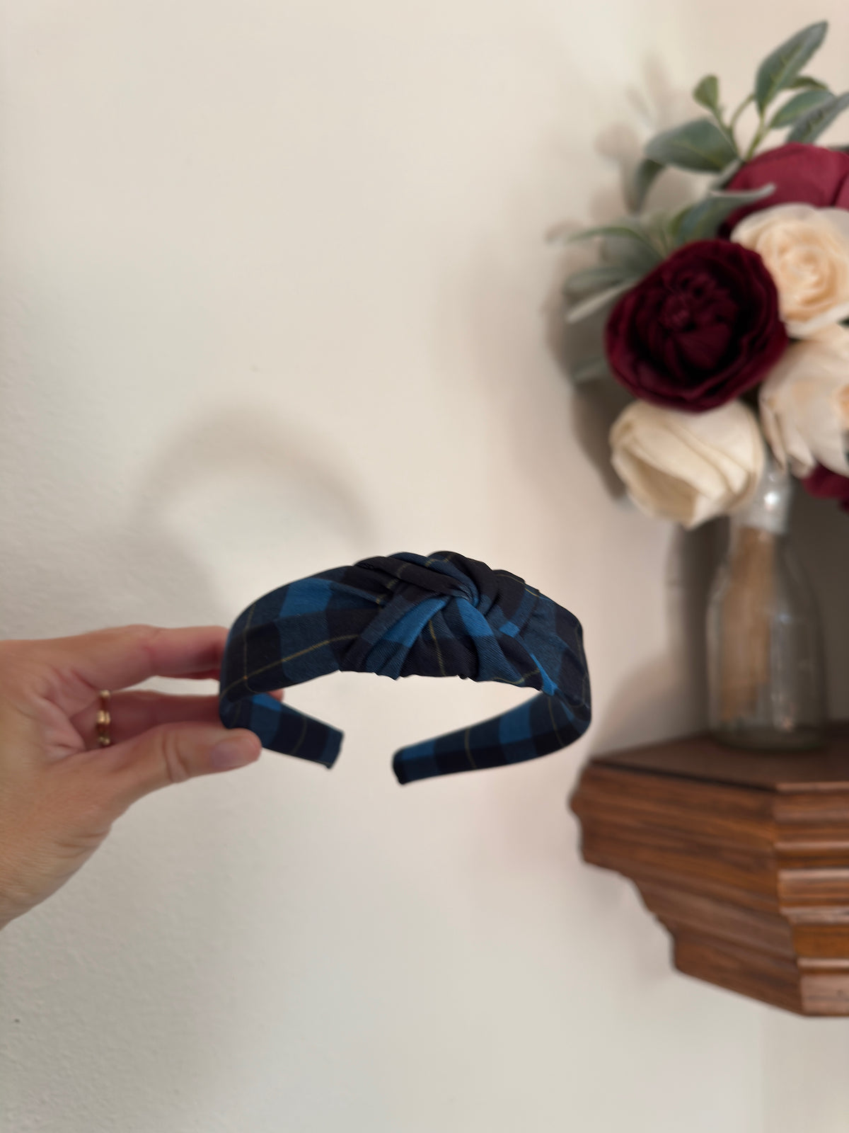 Blue Plaid Top Knot Headband