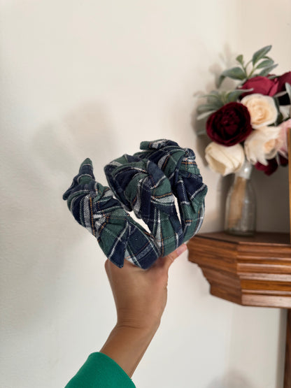 Blue Green Plaid Top Knot Headband