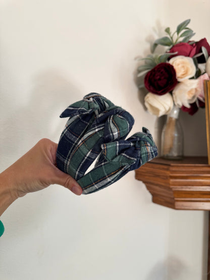 Blue Green Plaid Top Knot Headband