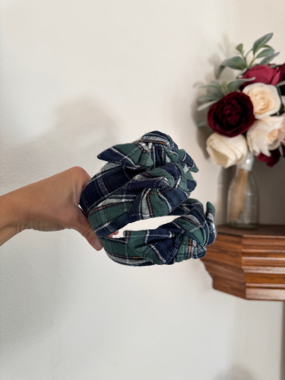 Blue Green Plaid Top Knot Headband