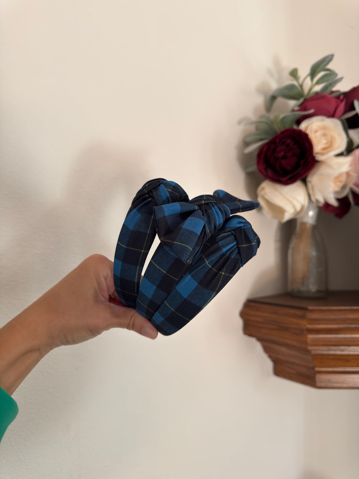 Blue Plaid Top Knot Headband