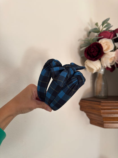 Blue Plaid Top Knot Headband