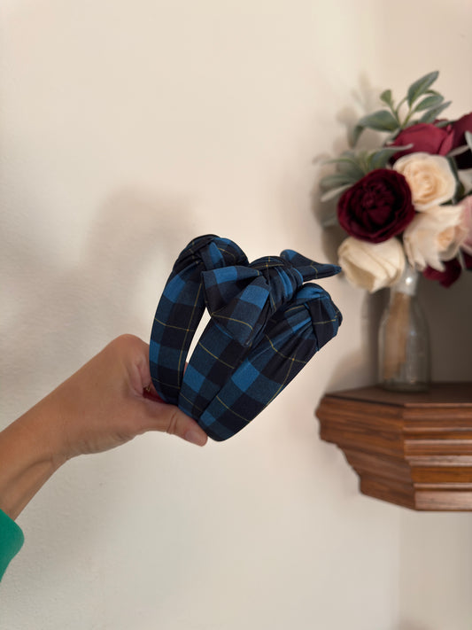 Blue Plaid Top Knot Headband