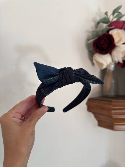 Dark Blue Plaid Top Knot Headband