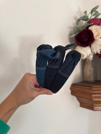 Dark Blue Plaid Top Knot Headband