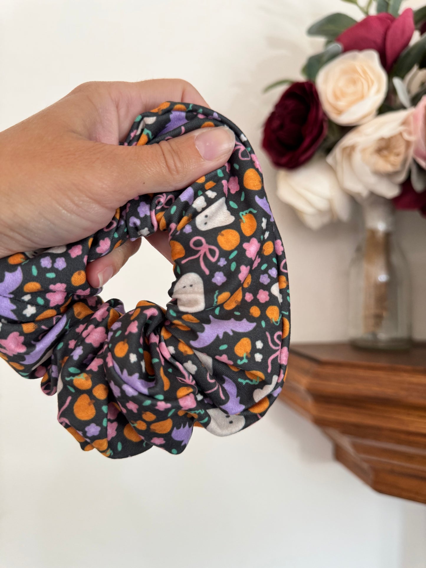 Purple Bats Ghosts & Bows Scrunchie