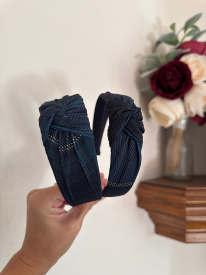 Dark Blue Plaid Top Knot Headband