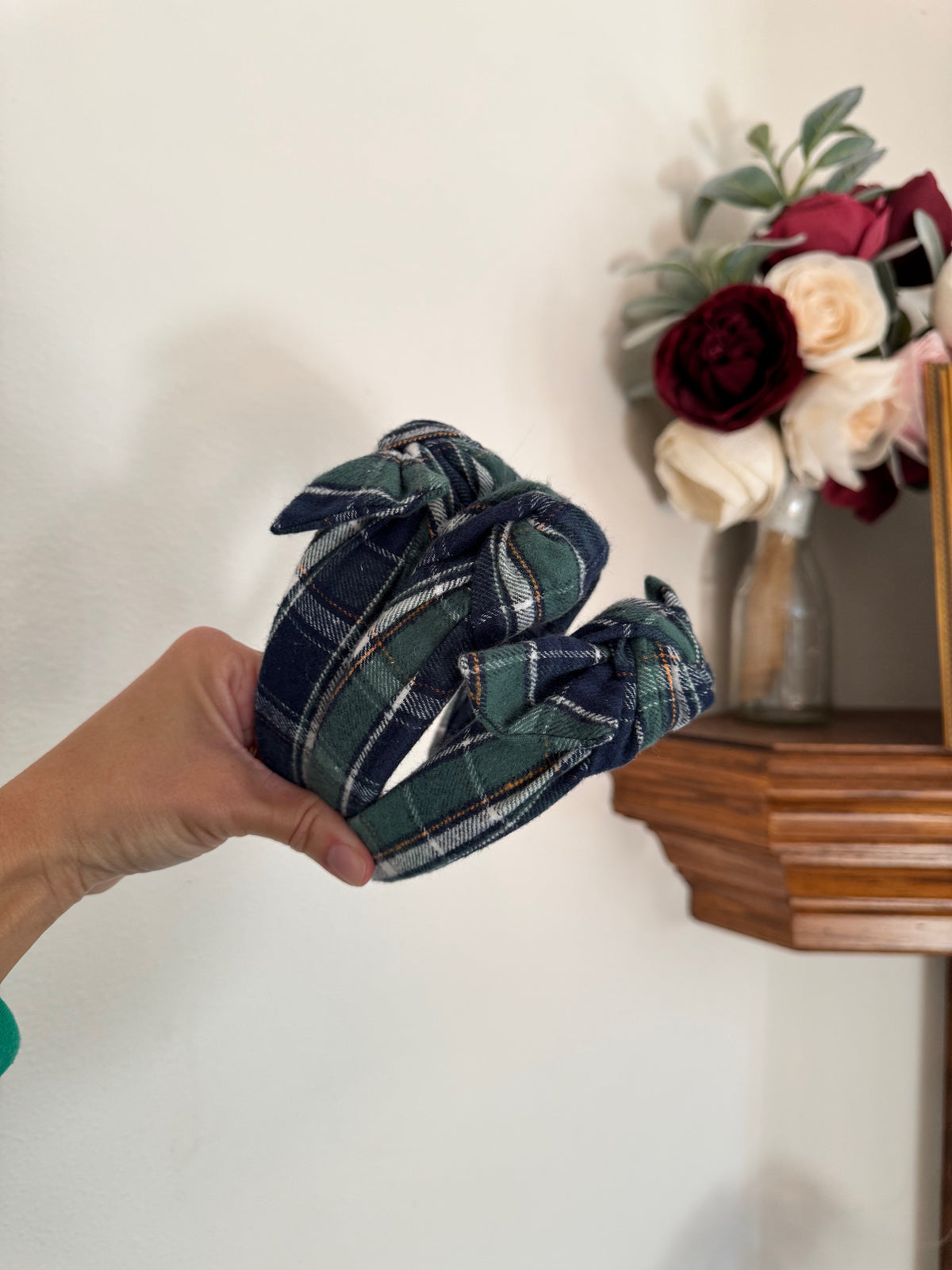 Blue Green Plaid Top Knot Headband