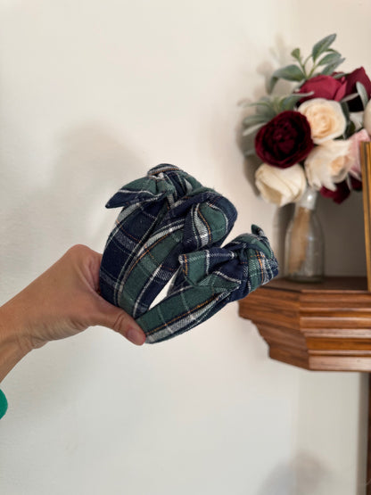 Blue Green Plaid Top Knot Headband