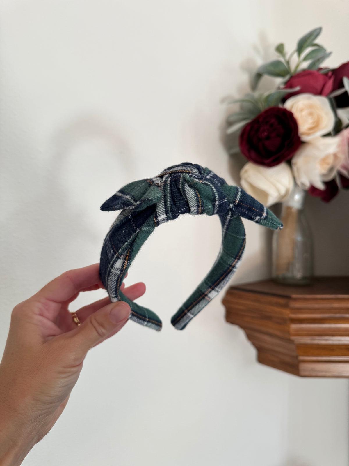 Blue Green Plaid Top Knot Headband