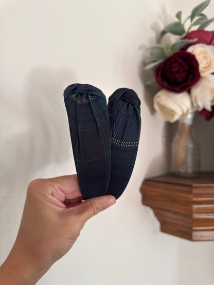 Dark Blue Plaid Top Knot Headband