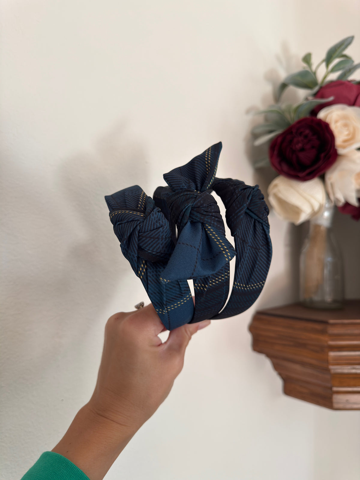 Dark Blue Plaid Top Knot Headband
