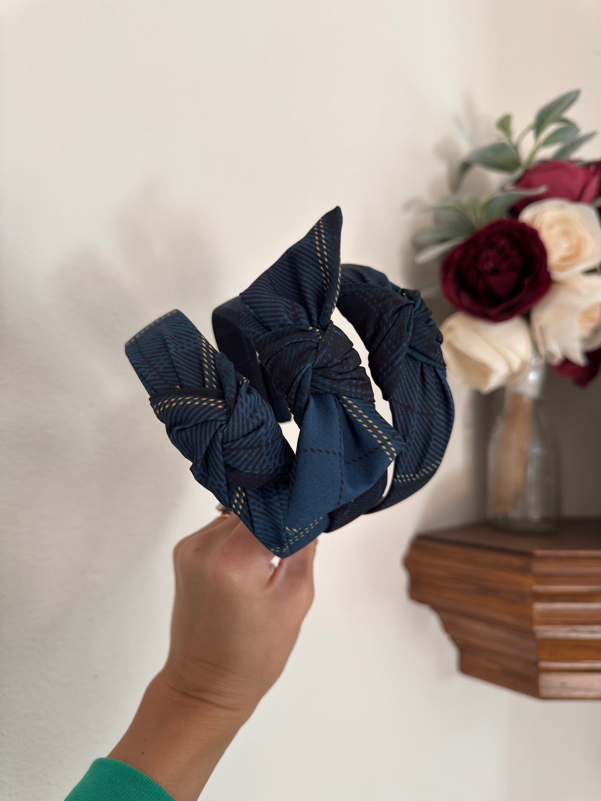 Dark Blue Plaid Top Knot Headband