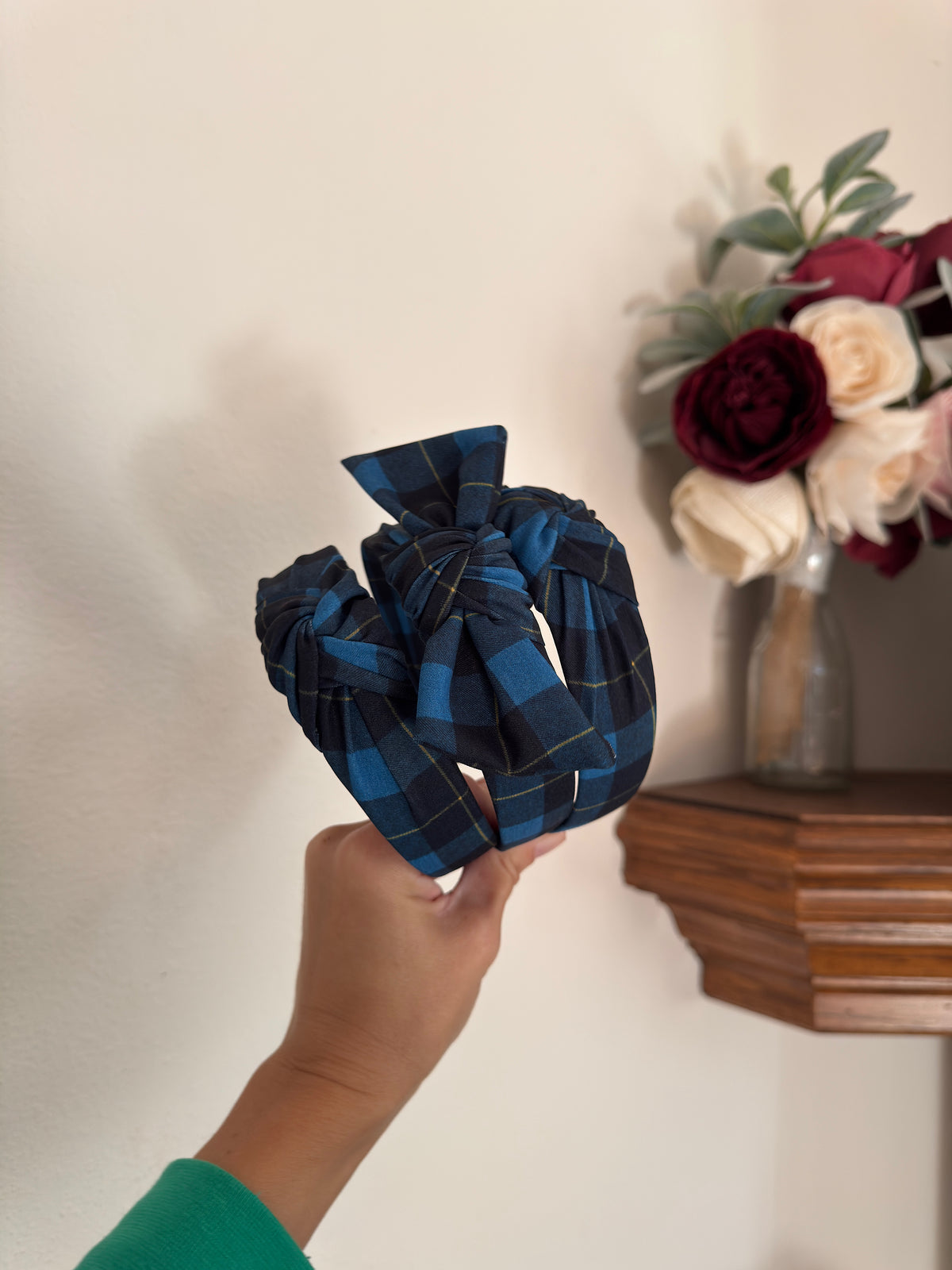Blue Plaid Top Knot Headband