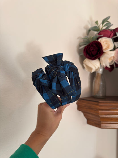 Blue Plaid Top Knot Headband