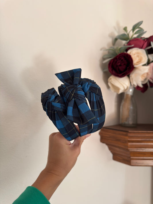 Blue Plaid Top Knot Headband