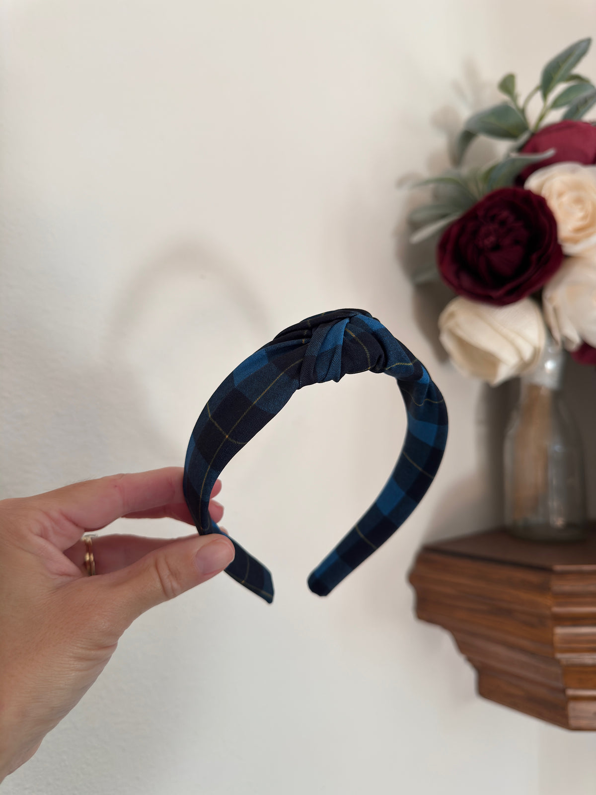 Blue Plaid Top Knot Headband