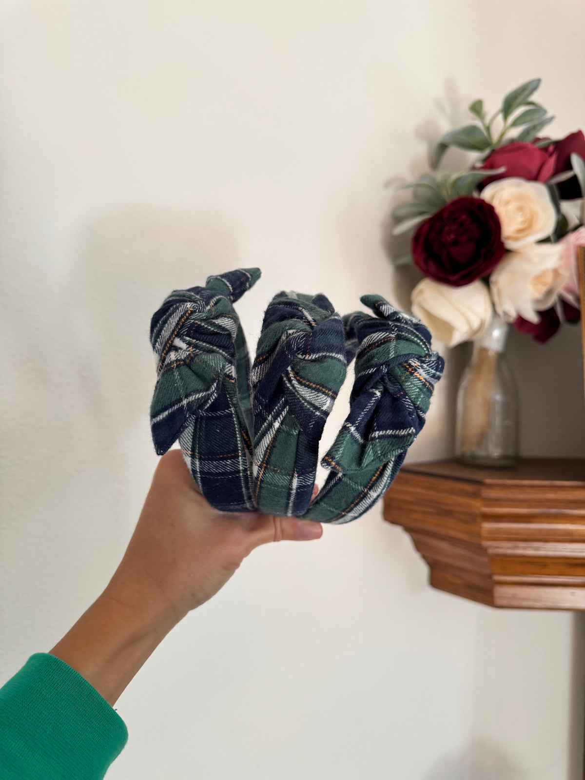 Blue Green Plaid Top Knot Headband