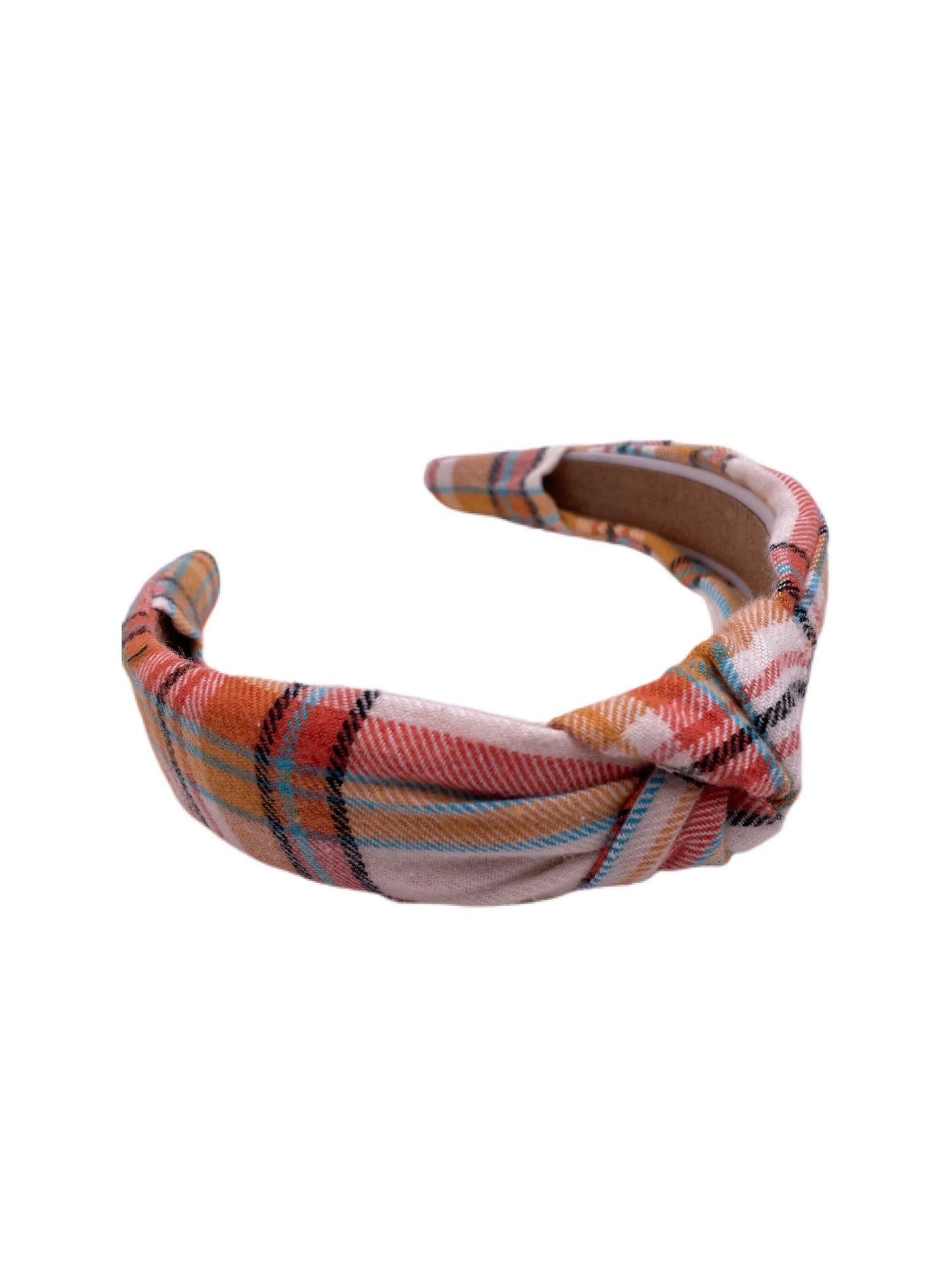 Orange Cream Plaid Top Knot Cotton Headband, Fall Hair