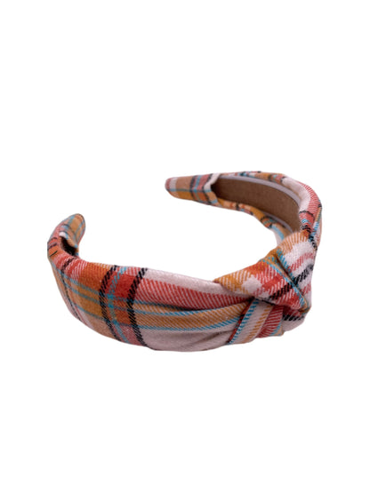 Orange Cream Plaid Top Knot Cotton Headband, Fall Hair