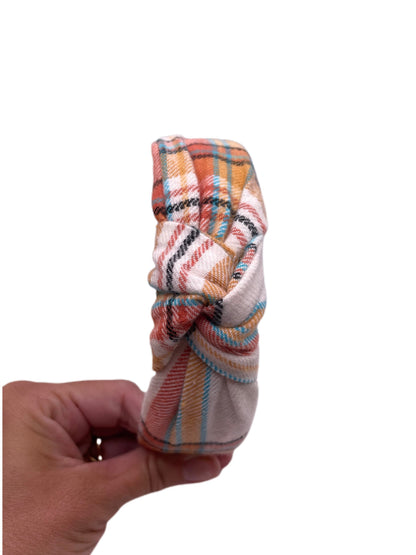 Orange Cream Plaid Top Knot Cotton Headband, Fall Hair