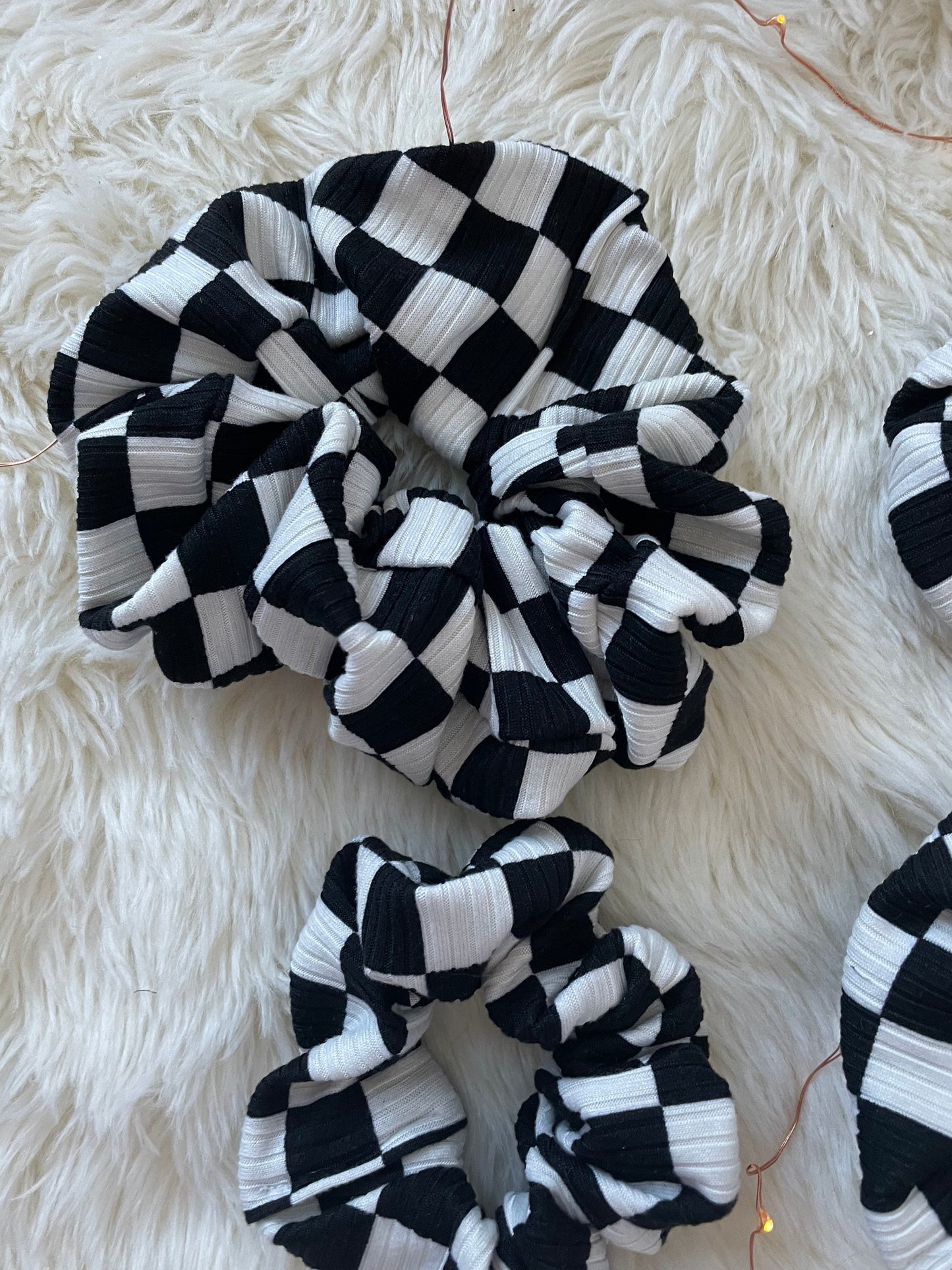 Checkered Rib Knit Scrunchie: Black & White Hair Accessory