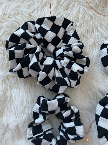 Checkered Rib Knit Scrunchie: Black & White Hair Accessory