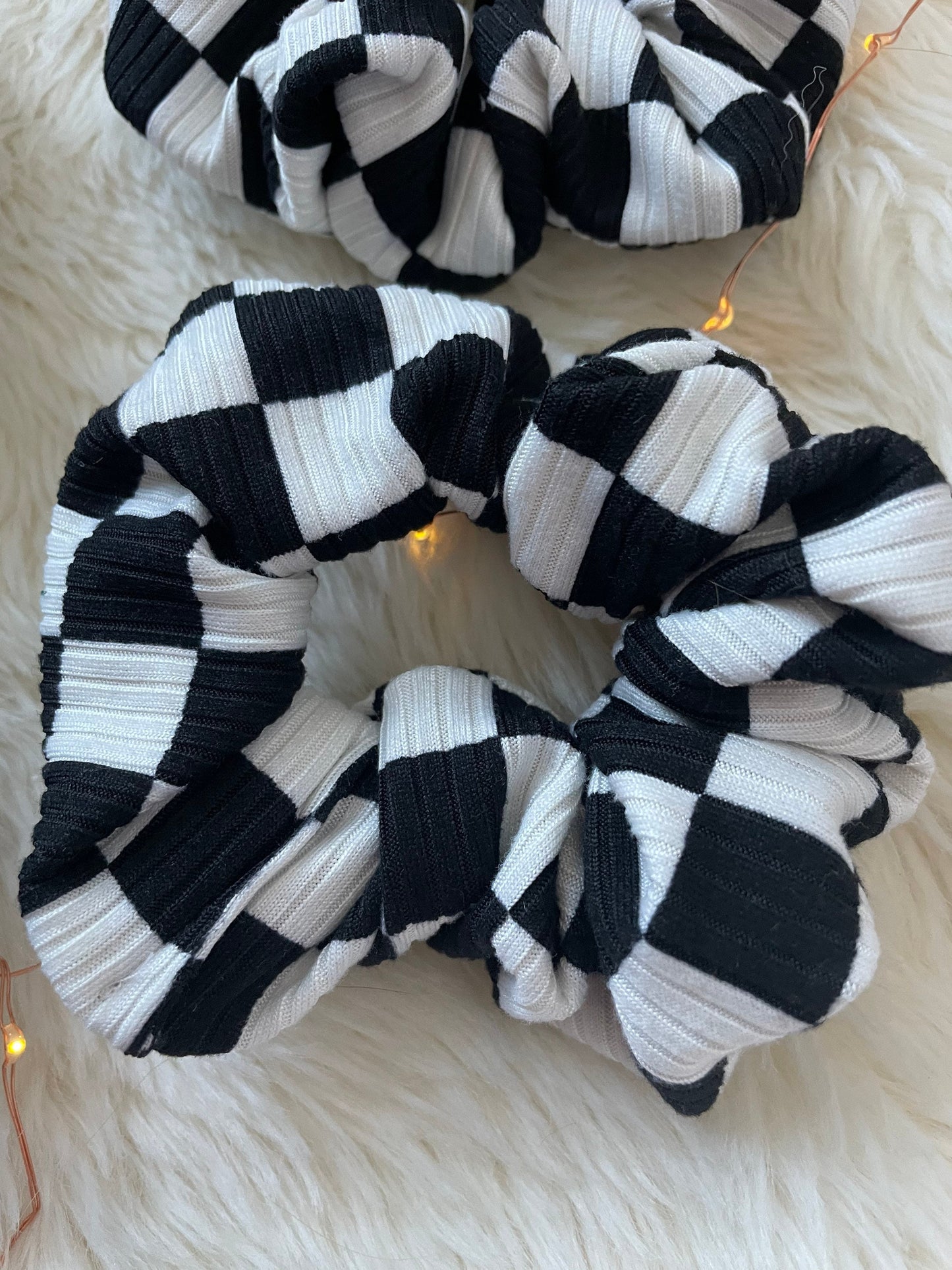 Checkered Rib Knit Scrunchie: Black & White Hair Accessory