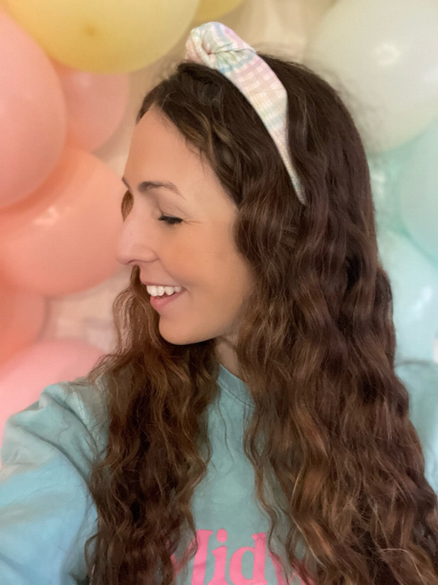 Pastel Gingham Waffle Knit Top Knot Headband - Brynnbands
